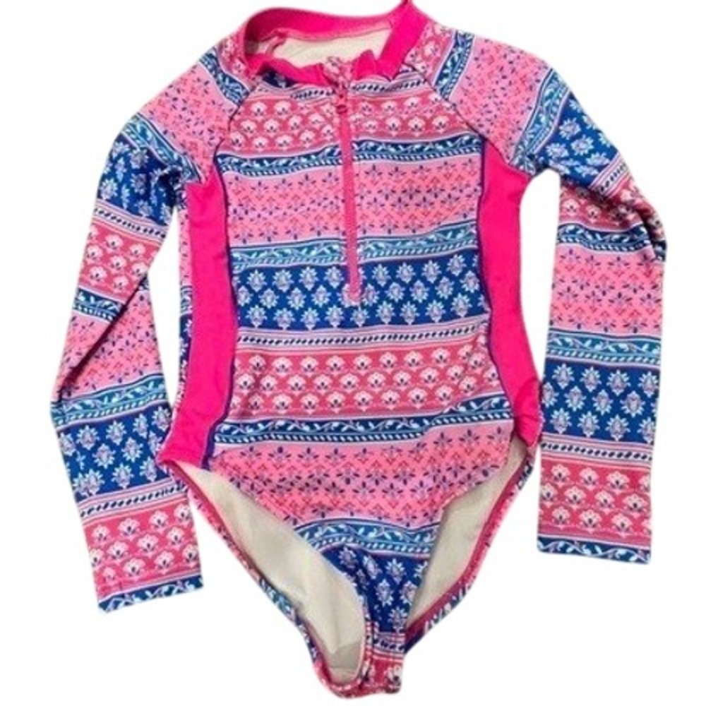 Bmagical One Piece Rash Guard Girls Size 6 Pink Blue Floral Long Sleeve Swimsuit